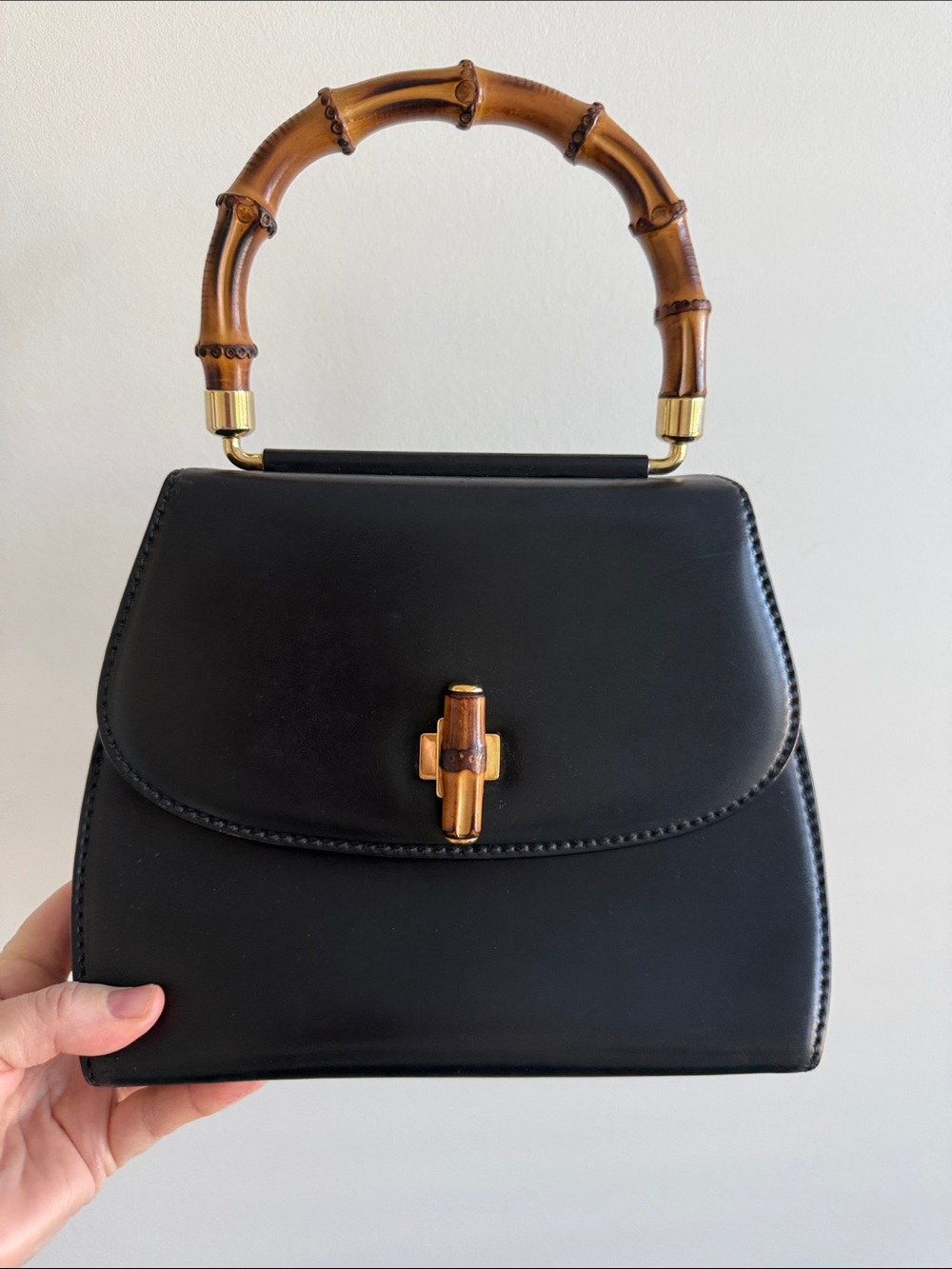 Vintage Gucci Black Leather Bamboo Top Handle Bag - 000.46.0266
